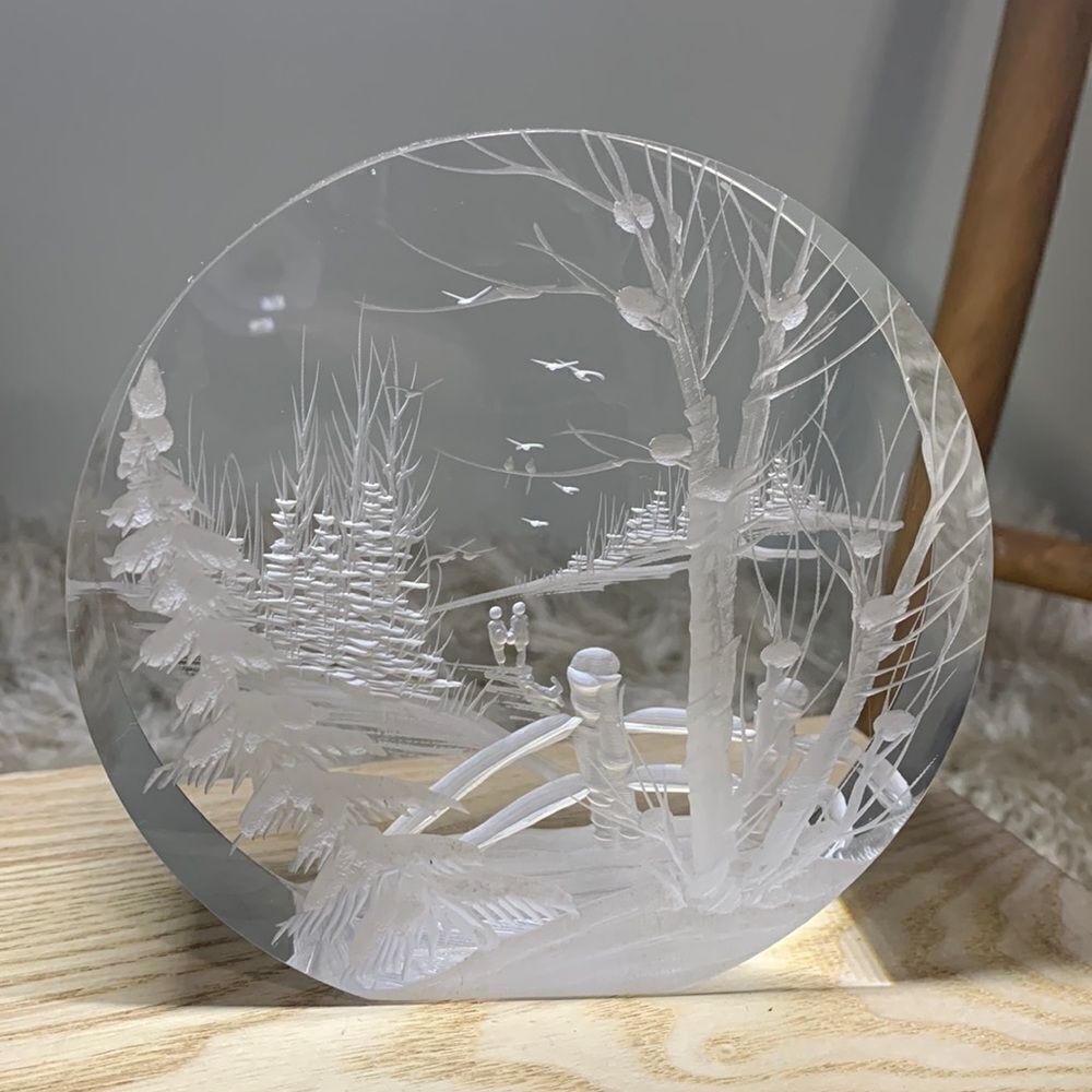Vintage 1999 Lucite Outdoor Scene Reverse Carved Sculpture by Frank Albrecht FRA